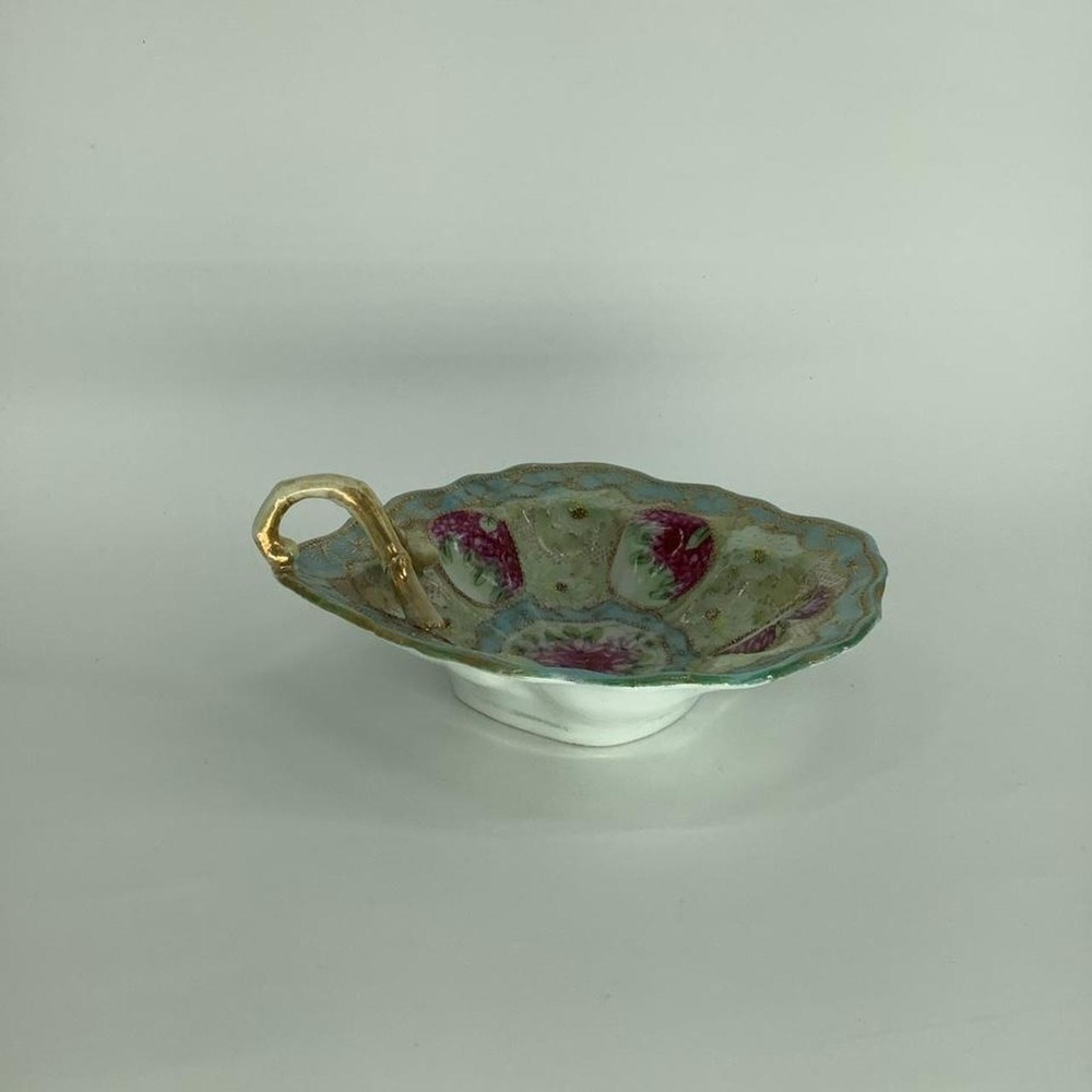 Vintage Porcelain Floral Nappy Bowl Gold Branch Handle Scalloped Blue Gold 6"